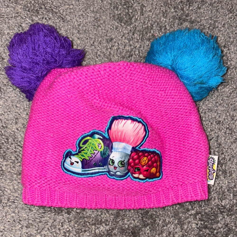 Shopkins Fuchsia Beanie with Purple and Blue Pom Poms